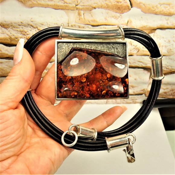 MASSIVE AMBER STERLING PENDANT MULTI LEATHER CORD NECKLACE, GIFT FOR WOMEN - Picture 11 of 11